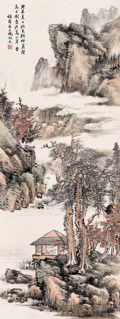 冯超然 庚辰（1940年）作 岩壑高士图 轴 101×38cm